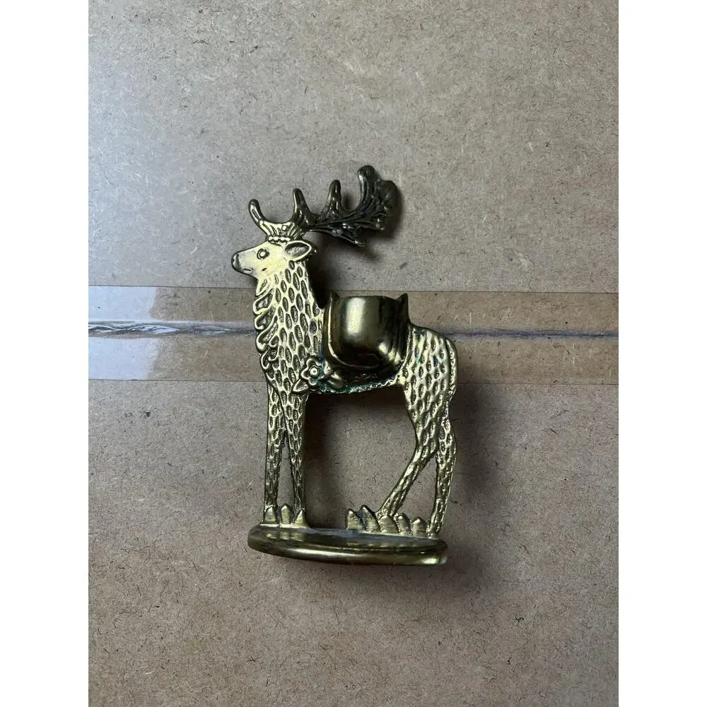 Brass Deer Reindeer Taper Candlestick Holder Small Gold Polished Metal Decor